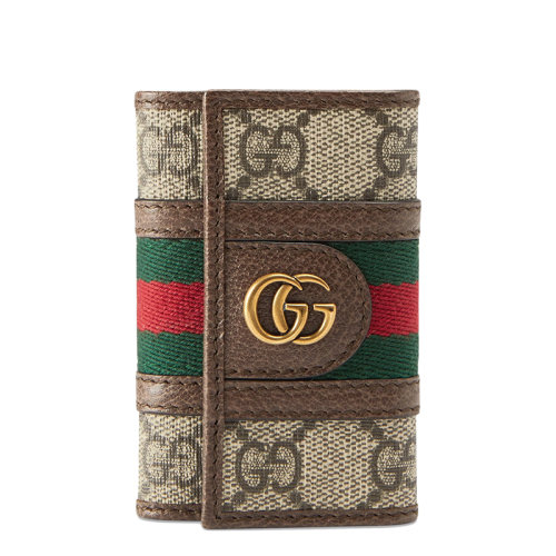 GUCCI/古馳 Ophidia系列 經典老花帆布棕色皮革滾邊金色雙G扣鑰匙包60373296IWT8745