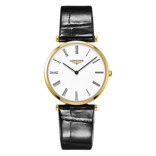 LONGINES/浪琴  嘉嵐系列 石英表白盤羅馬數(shù)字黃色PVD表殼皮質(zhì)表帶男表36毫米L4.755.2.11.2