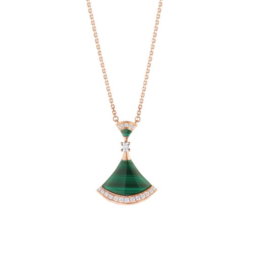 BVLGARI/寶格麗 DIVAS'DREAM經(jīng)典款孔雀石18K金玫瑰金鑲鉆 小扇子項鏈 351143