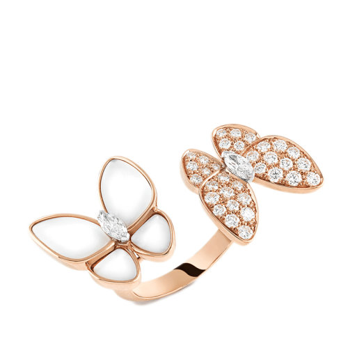 Van Cleef & Arpels/梵克雅寶 經典Deux Papillons系列 18K金玫瑰金鑲鉆白珍珠母貝雙蝴蝶開口戒指指環VCARO7AL00