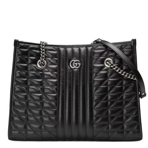 GUCCI/古馳 GGMarmont系列 女士中號黑色絎縫皮革銀色飾面翻蓋斜挎單肩包