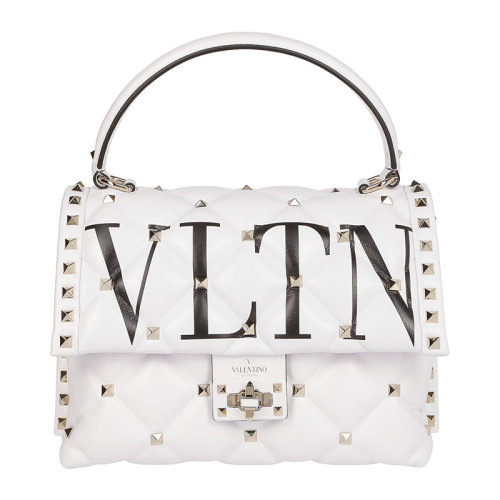 Valentino/華倫天奴 女士白色絎縫小羊皮經典字母徽標印花鉚釘裝飾單肩包斜挎包手提包女包 QW2B0B55-XQC-0VP