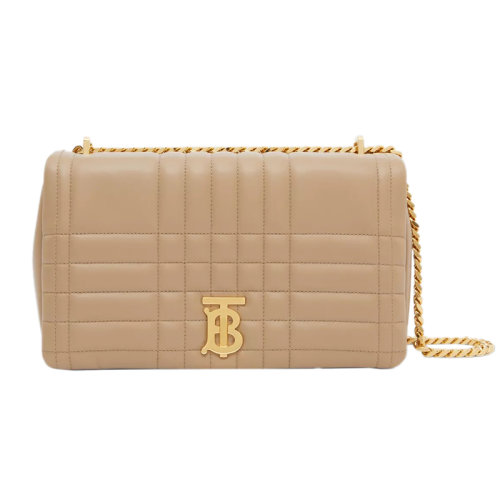 BURBERRY/博柏利 22新款 Lola系列 女士中號云灰色鞣制粒面皮革字母標志頂部翻蓋磁扣開合字母拋光金屬金色鏈條肩背斜挎包80630191