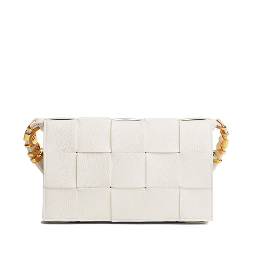 Bottega Veneta/葆蝶家  CASSETTE系列 女士白色小牛皮雙面Intreccio編織單肩斜挎豆腐包666870V17H19009