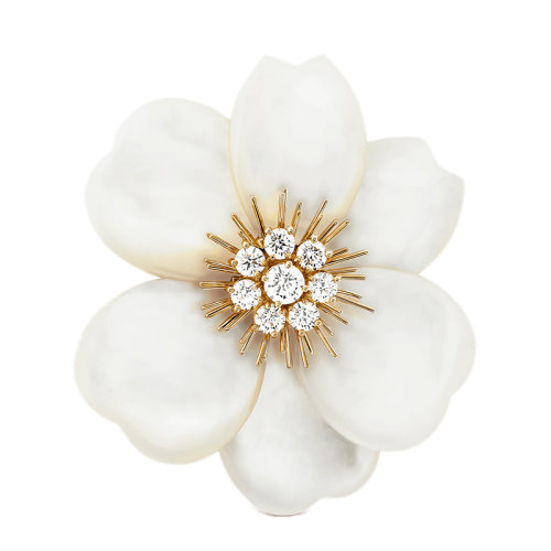 Van Cleef & Arpels/梵克雅寶 經典Rose de No?l系列 18k金黃金白色珍珠母貝鑲嵌鉆石大號玫瑰胸針VCARA53800