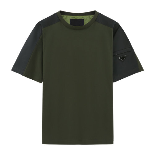 PRADA/普拉達(dá) 軍綠色 男士華達(dá)呢尼龍拼接短袖T恤 UJN610_1VNP_F0EJN_S_201