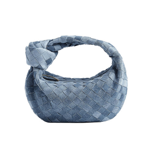 Bottega Veneta/葆蝶家 22新款 女士迷你藍(lán)色牛仔布編織效果羔羊皮拉鏈開(kāi)合黃銅飾面手提包651876V2H008792