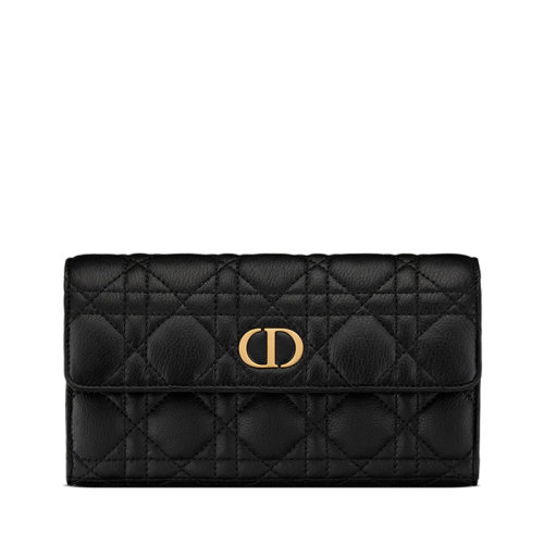 DIOR/迪奧  CARO系列 女士黑色柔軟藤格紋小牛皮翻蓋長款錢包S5039UWHC_M900