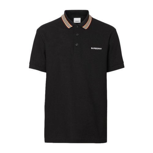 Burberry/博柏利  男士 21春夏 黑色棉質(zhì)LOGO刺繡標(biāo)識商務(wù)休閑短袖Polo衫時尚條紋