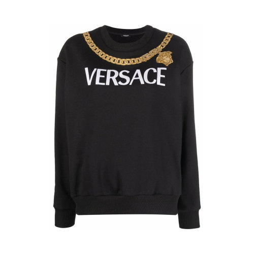 VERSACE/范思哲 女士黑色棉質(zhì)徽標(biāo)印花裝飾圓領(lǐng)長(zhǎng)袖上衣衛(wèi)衣 1004131-1A01174-1B000