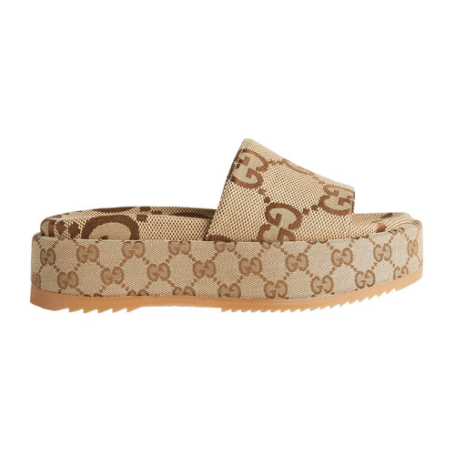GUCCI/古馳 22秋冬新款 女士駝色帆布烏木色經典GG圖案中跟涼拖623212UKO002580
