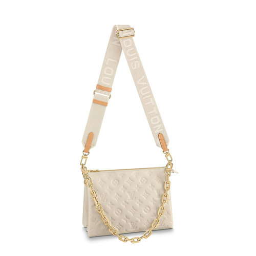Louis Vuitton/路易威登 經(jīng)典款COUSSIN系列 女士小號奶油白羊皮革老花壓印金鏈配可拆卸肩帶單肩斜挎手提鏈條法棍包M57793