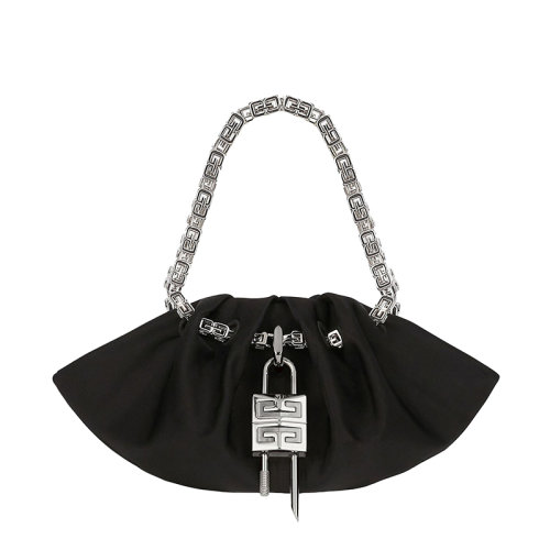 Givenchy/紀(jì)梵希 22春夏新款Kenny系列 女士小號(hào)黑色桑蠶絲褶裥效果緞面銀扣G形立方體鏈條提手單肩手提鏈條包BB50NTB1FZ-001