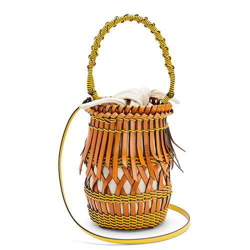 LOEWE/羅意威  Fringes Bucket系列 女士棕褐色/黃色編織小牛皮頂部流蘇籃子單肩斜挎包0010469526