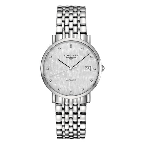 LONGINES/浪琴  博雅系列 自動機械表鑲鉆條紋銀盤鋼鏈男表37毫米L4.810.4.77.6