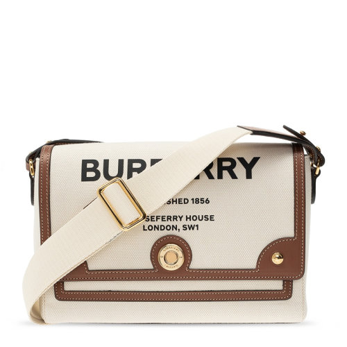 BURBERRY/博柏利  NOTE系列女士白棕拼色帆布配皮字母徽標印花口蓋包手拿包斜挎包單肩包女包 8030249