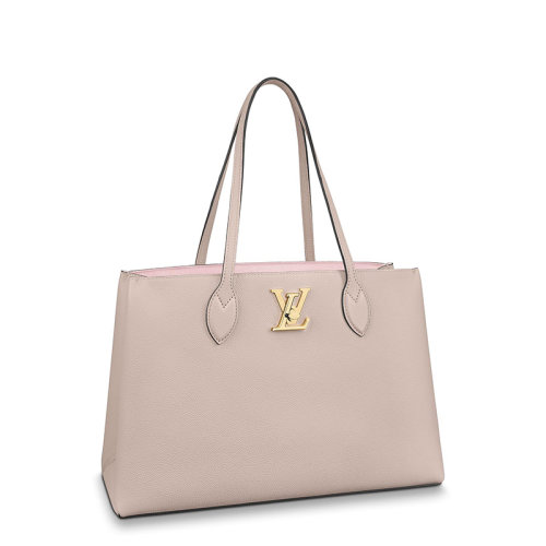 Louis Vuitton/路易威登 21新款 CABAS LOCKME系列 女士格雷格粉柔軟粒面小牛皮金屬徽標(biāo)手提托特包M57346