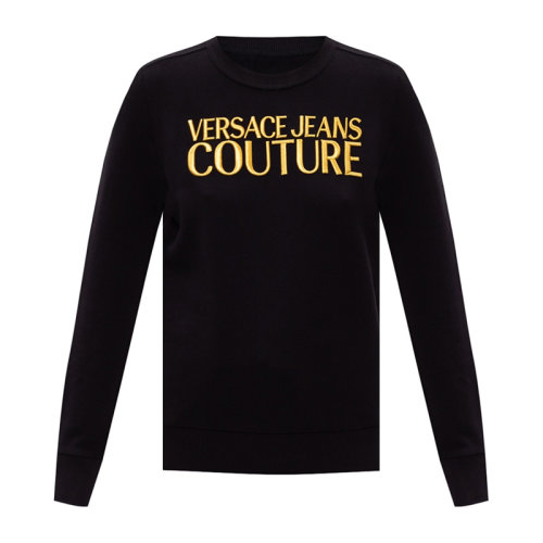 VERSACE JEANS/范思哲牛仔 女士黑色棉質經典字母徽標印花裝飾圓領長袖上衣衛衣運動衫套頭衫 B6HZA7TZ-30318-K42