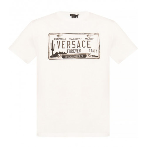 VERSACE/范思哲 男士白色棉質(zhì)經(jīng)典字母徽標印花圓領上衣短袖T恤 A86002-A228806-A1002