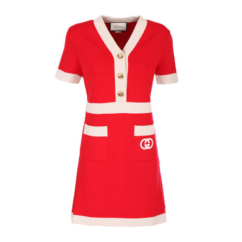 GUCCI/古馳【20春夏】女裝 服飾 羊毛V領字母印花 女士連衣裙裙裝