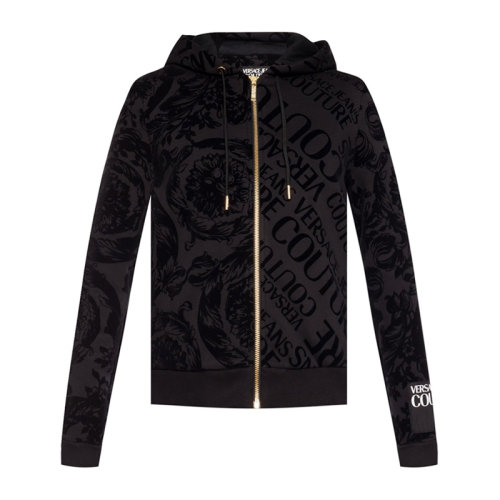 VERSACE JEANS/范思哲牛仔 女士黑色棉質經典字母徽標印花裝飾拉鏈開合長袖上衣衛衣外套連帽衫 B6HUB789-13948-899