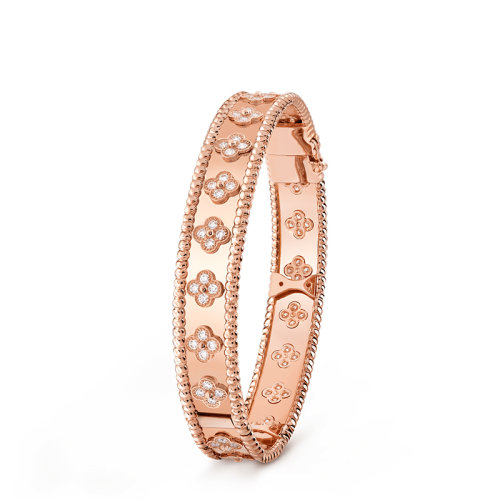 Van Cleef & Arpels/梵克雅寶 Perlée trèfles系列 18K金玫瑰金三葉草圖案鑲嵌80顆鉆石手鐲VCARN5B200