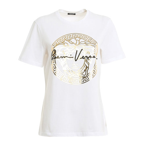 VERSACE/范思哲 女士純色棉質(zhì)經(jīng)典字母徽標(biāo)美杜莎頭像印花裝飾圓領(lǐng)短袖上衣T恤 A87456-A228806 多色可選