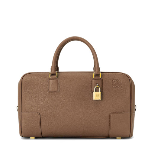 LOEWE/羅意威 Amazona 28系列 女士巧克力色粒面小牛皮金色掛鎖裝飾單肩斜挎手提包0010640647