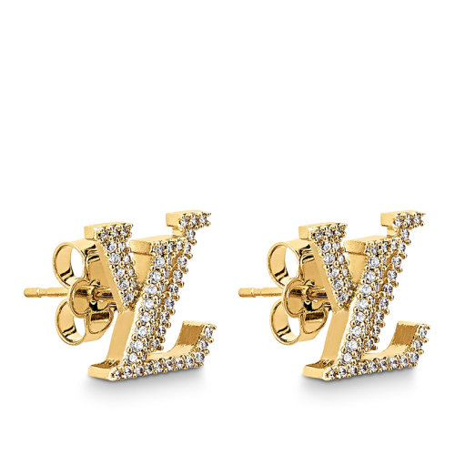 Louis Vuitton/路易威登 經典款ICONIC系列 金色金屬鑲嵌萊茵石徽標字母造型耳釘耳環M00609