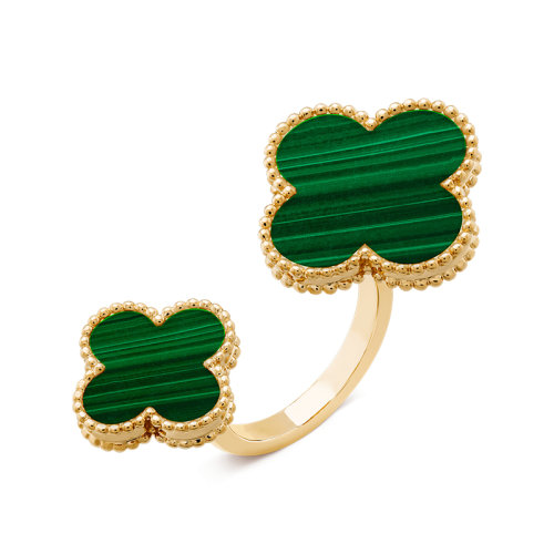 Van Cleef & Arpels/梵克雅寶 經典MagicAlhambra系列 18K金黃金鑲嵌綠色孔雀石雙花四葉草開口戒指/指環 VCARO3MI00