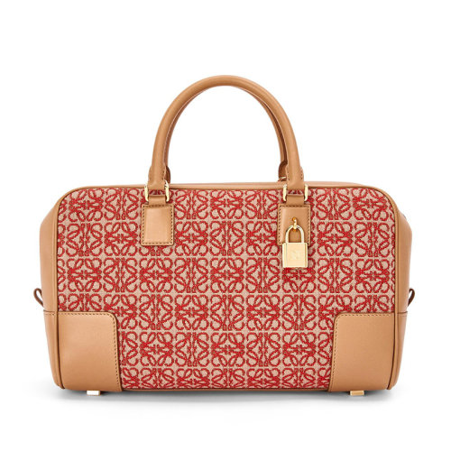 LOEWE/羅意威 22春夏新款情人節特別版AMAZONA 28系列 女士紅色/暖沙色帆布配皮Anagram印花金鎖金扣單肩斜跨手提包0010640878