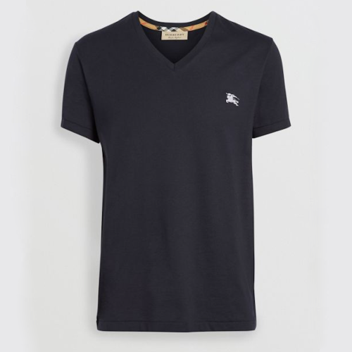 BURBERRY/博柏利 男士藏藍(lán)色V領(lǐng)短袖T恤 胸前白色戰(zhàn)馬刺繡標(biāo) 80038331【奧萊】
