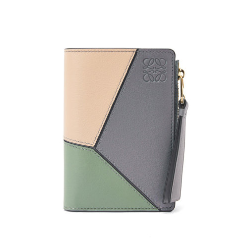 LOEWE/羅意威 22新款Puzzle系列 女士咖啡色/綠色/灰色三色拼接牛皮革窄款拉鏈開合雙折拼圖錢包C510P30X01-2828