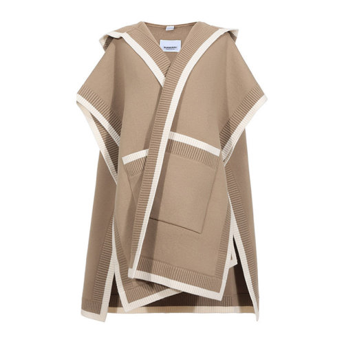 BURBERRY/博柏利 女士米棕拼色羊毛混紡羊絨字母徽標嵌花連帽圍巾圍脖斗篷披肩 8031582