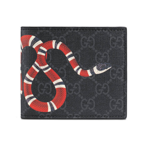 GUCCI/古馳 新款男士黑色帆布珊瑚蛇印花對折錢包 451266K551N1058