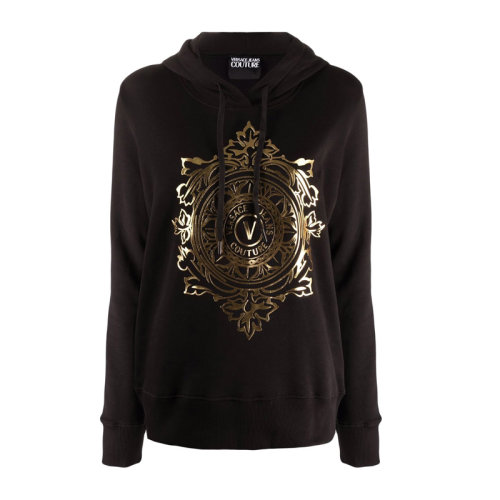 VERSACE JEANS/范思哲牛仔 女士黑色棉質經典字母徽標印花裝飾連帽長袖上衣衛(wèi)衣連帽衫運動衫套頭衫 71HAIF05-CF00F-G89