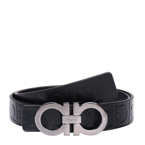 Salvatore Ferragamo/菲拉格慕 男士黑色牛皮壓花LOGO標識商務休閑板扣皮帶腰帶