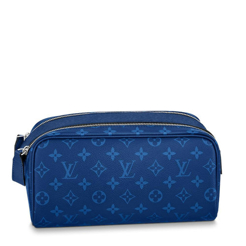 Louis Vuitton/路易威登 22春夏新款DOPP KIT系列 男士藍色老花帆布配皮銀扣拉鏈開合手拿洗漱包M30849