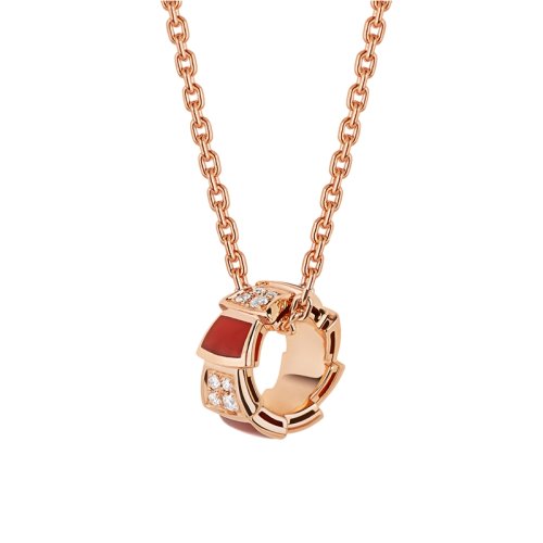 BVLGARI/寶格麗 Serpenti系列 經典款紅玉髓18K金玫瑰金帶鉆 蛇形項鏈 355088 紅玉髓