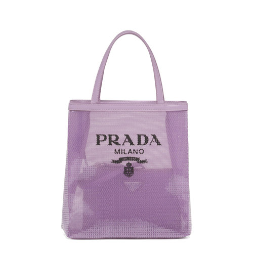 PRADA/普拉達      女士小號百合色織物材質皮革提手亮片裝飾網眼手提托特包1BG417_2D0A_F027J_V_OOO