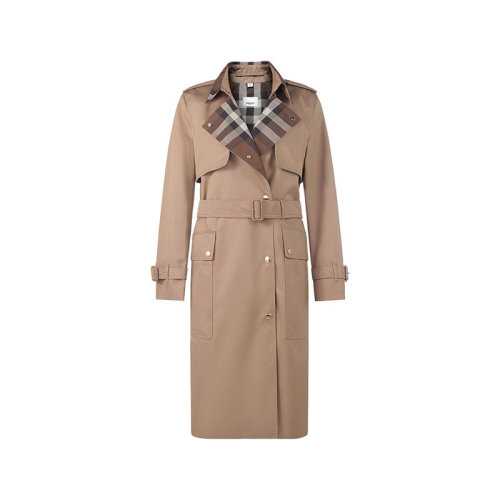 BURBERRY/博柏利 【22秋冬新款】 女款棉質(zhì)嘎巴甸Trench風衣外套駝色格紋 80505861