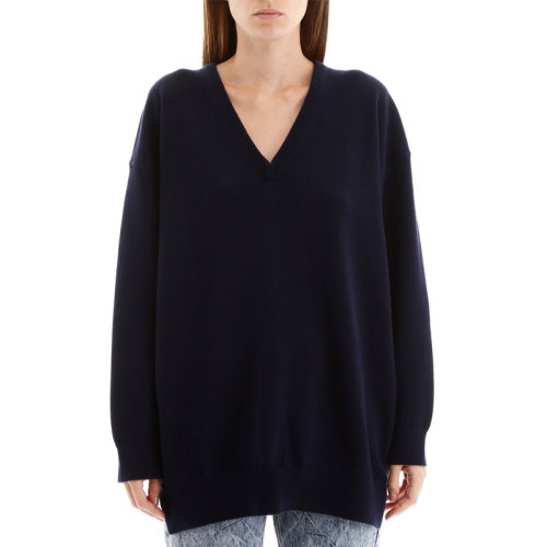 Balenciaga/巴黎世家 女裝 服裝 藍色羊毛logo標(biāo)識V領(lǐng)長袖 女士毛衣