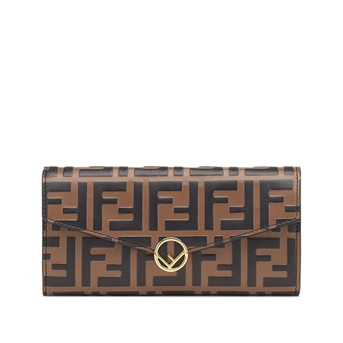 FENDI/芬迪  CONTINENTAL系列 女士棕色小牛皮按扣手繪浮雕FF圖案長型錢包8M0251AAFMF13VK