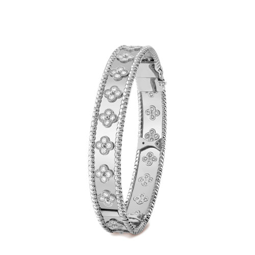Van Cleef & Arpels/梵克雅寶 Perlée trèfles系列 18K金白金三葉草圖案鑲嵌80顆鉆石手鐲VCARN5B100