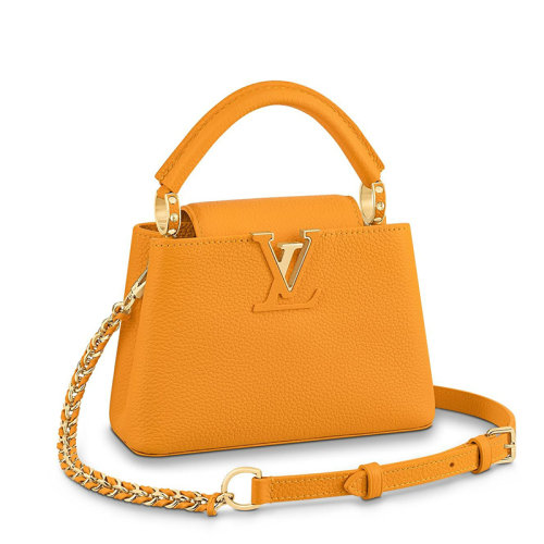 Louis Vuitton/路易威登 22春夏新款CAPUCINES系列 女士迷你黃橙色系皮革金扣配可拆卸皮革金鏈混編效果鏈條肩帶單肩斜挎手提包M59709