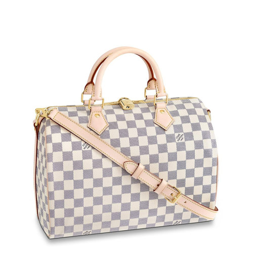 Louis Vuitton/路易威登 經(jīng)典款SPEEDY 30系列 女士天藍(lán)色棋盤格帆布飾皮革滾邊金扣配可拆卸肩帶拉鏈開合單肩斜挎手提包N41373