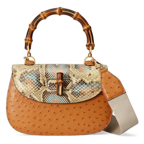  GUCCI古馳 22年秋冬 女士 Gucci Bamboo 1947系列鴕鳥皮中號(hào)手袋 672206 EY0MT 8422