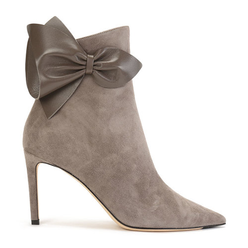 Jimmy Choo/周仰杰 灰棕色麂皮-蝴蝶結(jié)裝飾 女士 細跟 短靴 KASSIDY85SUN DARK GREY