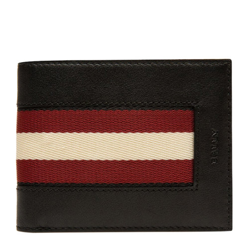 BALLY/巴利 Byda系列男士黑色牛皮經典字母徽標壓花紅白條紋裝飾短款雙折錢夾錢包卡包零錢包男包 6235669【預售3-4周發貨】
