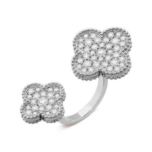 Van Cleef & Arpels/梵克雅寶 經典MagicAlhambra系列 18K金白金鑲嵌滿鉆四葉草開口戒指/指環 VCARN9WT00